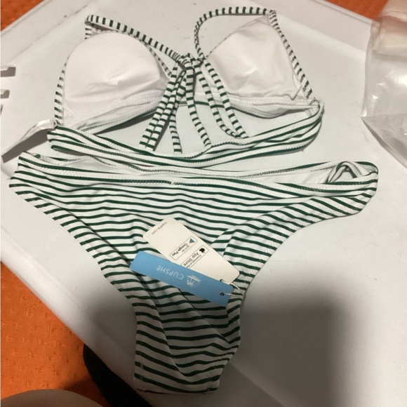 Low Rise Bikini Set 2 Piece Swimsuit Stripes Green‎ White Padded NWT Size S - Picture 2 of 2